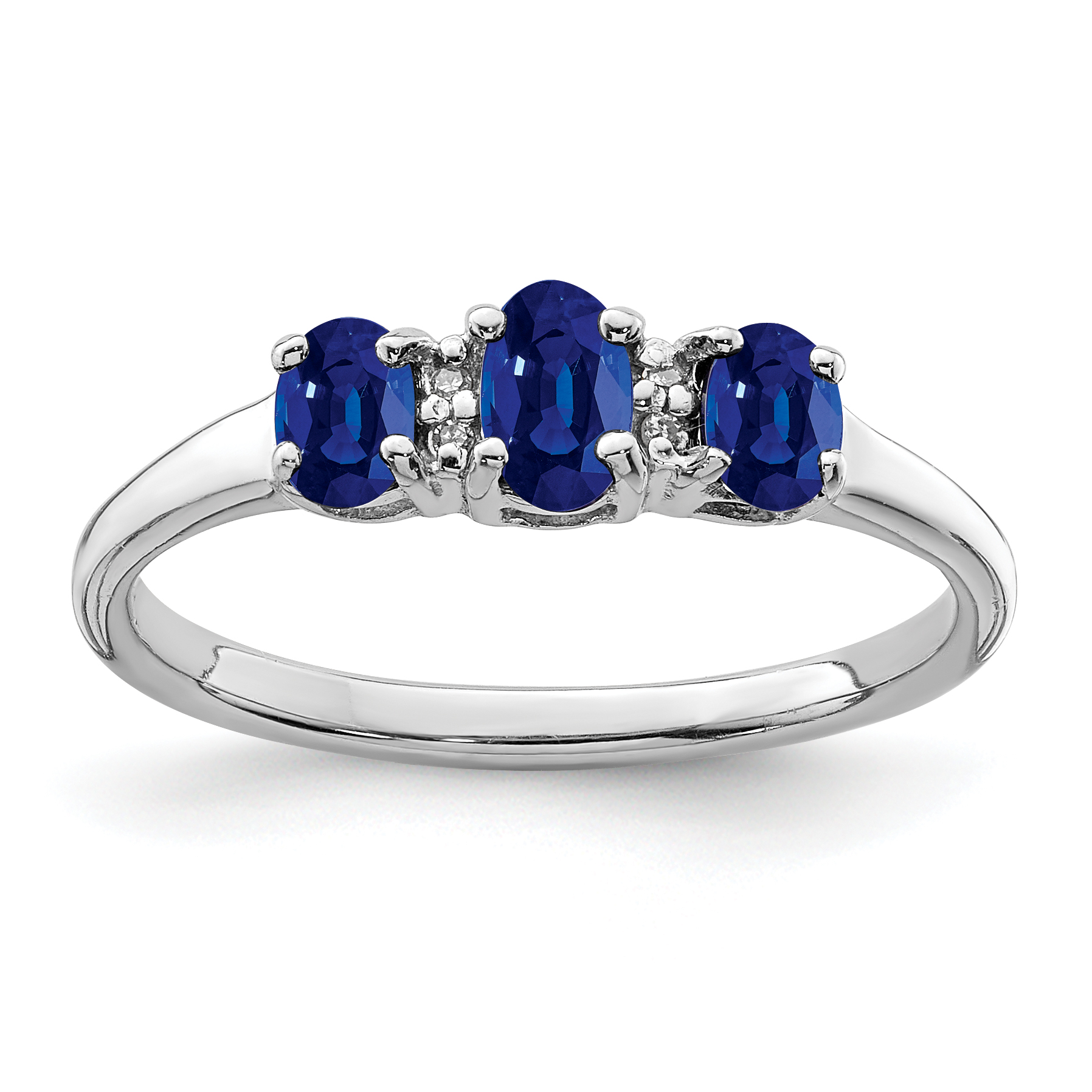 Sterling Silver Rhodium 3 Oval Sapphire & Diamond Ring (QR2777-6)