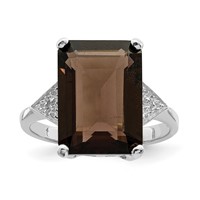 Sterling Silver Rhodium Smoky Quartz & Diamond Ring view 1