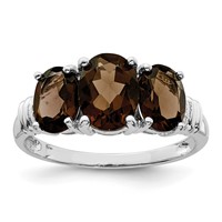 Sterling Silver Rhodium 3 Stone Smoky Quartz & Diamond Ring view 1