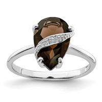 Sterling Silver Rhodium Pear Smoky Quartz & Diamond Ring view 1