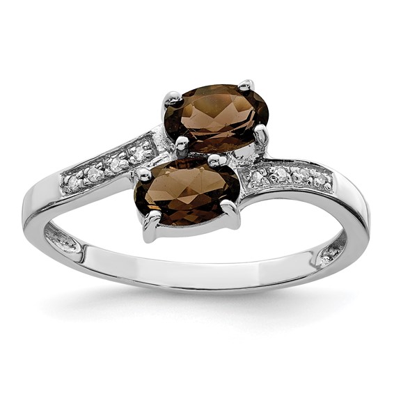 Sterling Silver Rhodium Smoky Quartz & Diamond Ring