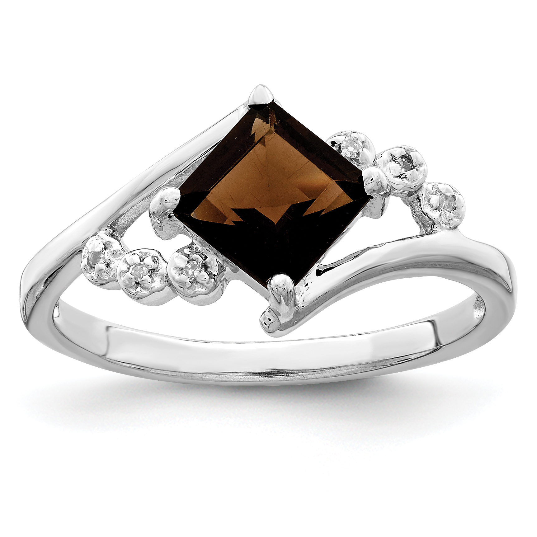 Sterling Silver Rhodium Princess-cut Smoky Quartz & Diamond Ring (QR2798-6)