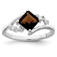 Sterling Silver Rhodium Princess-cut Smoky Quartz & Diamond Ring view 1