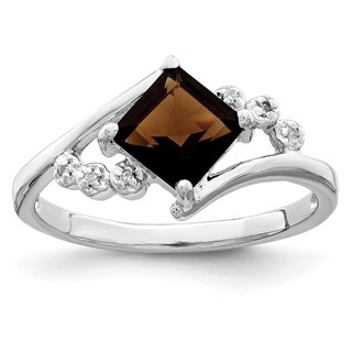 Sterling Silver Rhodium Princess-cut Smoky Quartz & Diamond Ring