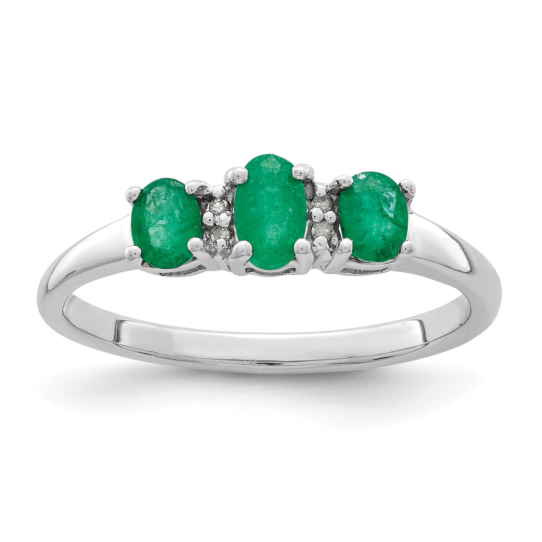 Sterling Silver Rhodium-plated Emerald 3 Stone and Diamond Ring (QR2800-6)