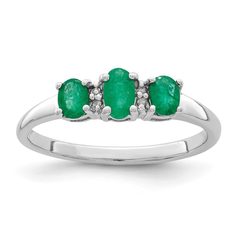 Sterling Silver Rhodium-plated Emerald 3 Stone and Diamond Ring (QR2800-6)