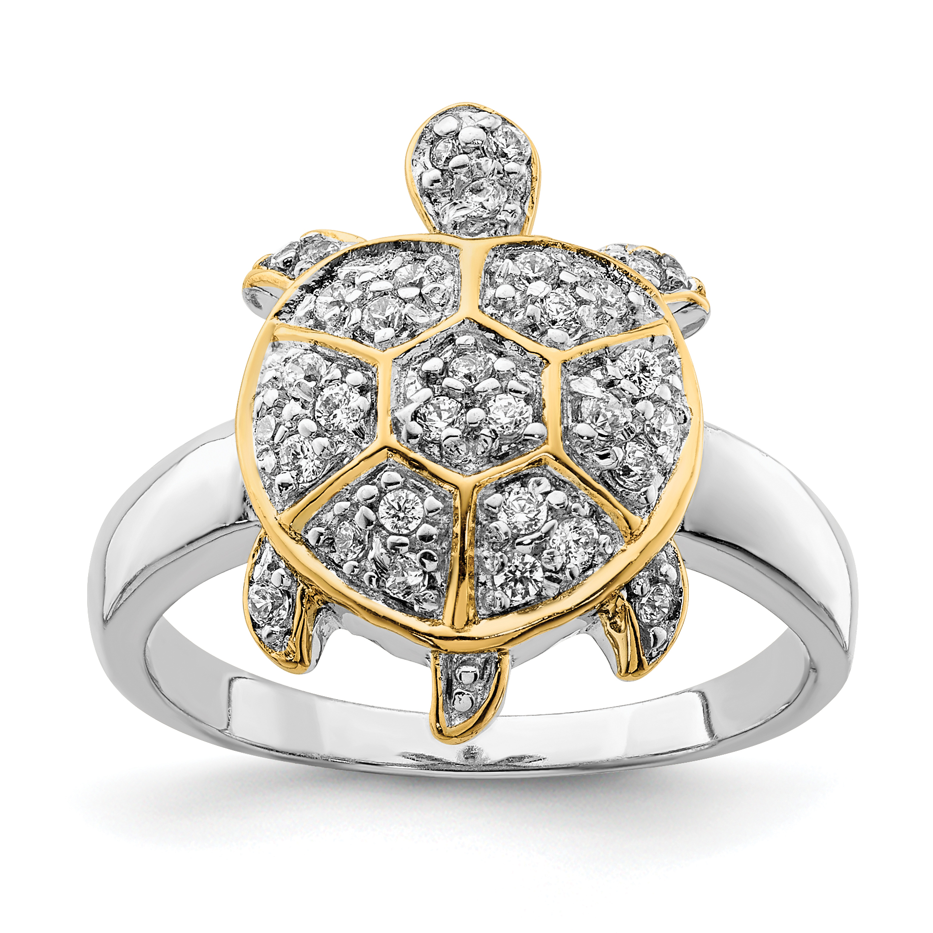 Sterling Silver Rhodium-plated CZ and Flash Gold-Plated Turtle Ring (QR2808-7)