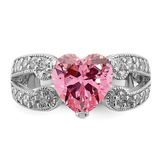 Sterling Silver Rhodium-plated Round Pink and White CZ Ring