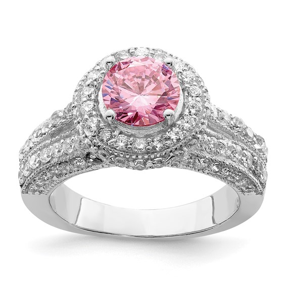 Sterling Silver Rhodium-plated Round Pink and White CZ Ring