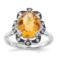 Sterling Silver Citrine & Diamond Oval Ring view 1