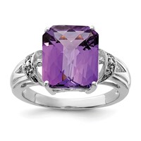 Sterling Silver Rhodium-plated Checker-Cut Amethyst & Diamond Ring view 1