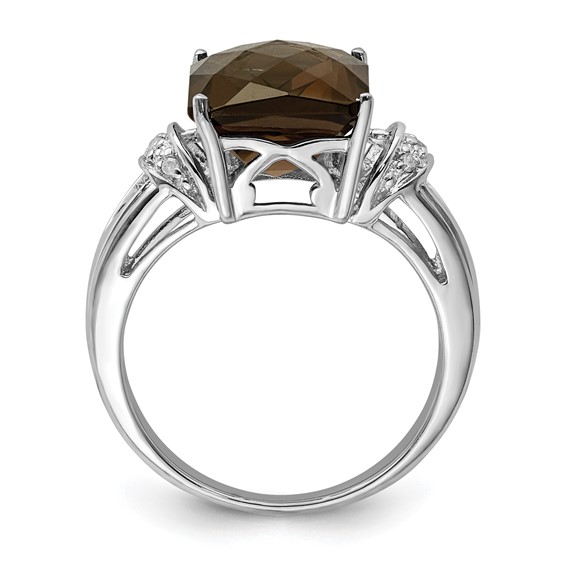 Sterling Silver Rhodium Octagonal Checker-Cut Smoky Quartz & Diam. Ring
