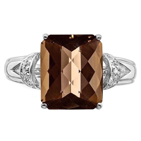 Sterling Silver Rhodium Octagonal Checker-Cut Smoky Quartz & Diam. Ring