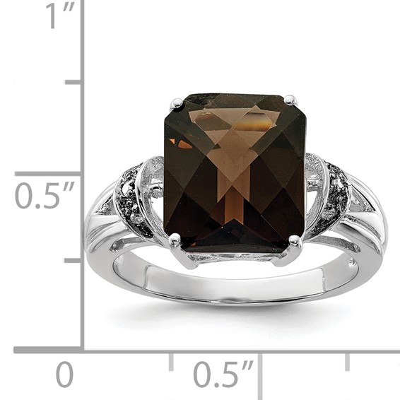 Sterling Silver Rhodium Octagonal Checker-Cut Smoky Quartz & Diam. Ring