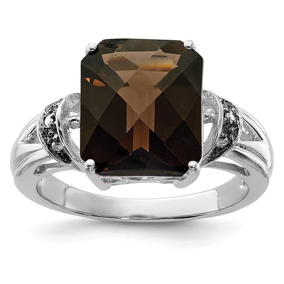 Sterling Silver Rhodium Octagonal Checker-Cut Smoky Quartz & Diam. Ring