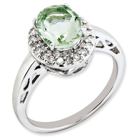 Sterling Silver Rhodium-plated Oval Green Quartz & Diamond Ring