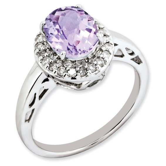 Sterling Silver Rhodium-plated Oval Pink Quartz & Diamond Ring