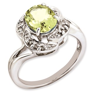Sterling Silver Rhodium-plated Oval Lemon Quartz & Diamond Ring
