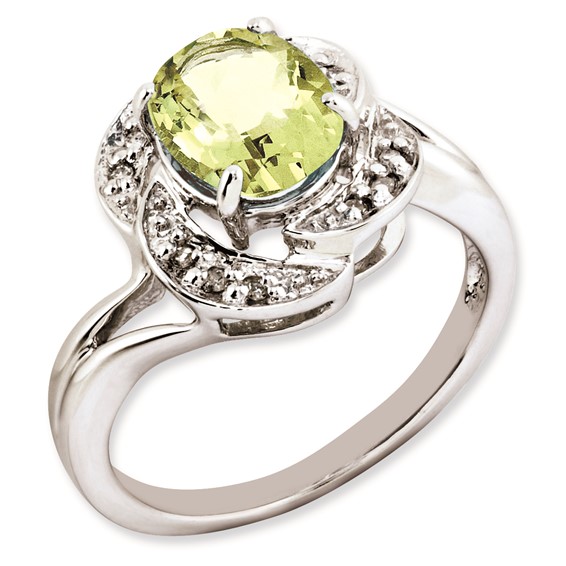 Sterling Silver Rhodium-plated Oval Lemon Quartz & Diamond Ring