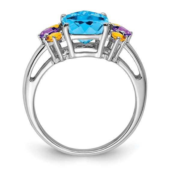 Sterling Silver Rhodium Light Swiss Blue, Amethyst & Citrine Ring