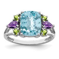 Sterling Silver Rhodium Light Swiss Blue Topaz, Amethyst & Peridot Ring view 1
