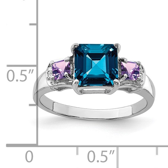 Sterling Silver Rhodium London Blue Topaz, Amethyst & Diam. Ring