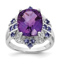 Sterling Silver Rhodium-plated Amethyst, Tanzanite & Diamond Ring view 1