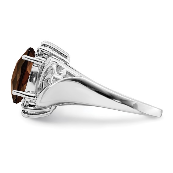 Sterling Silver Rhodium Checker-Cut Smoky Quartz & Oval Diam. Ring
