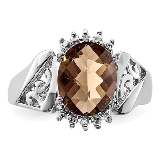 Sterling Silver Rhodium Checker-Cut Smoky Quartz & Oval Diam. Ring
