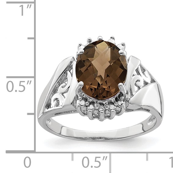 Sterling Silver Rhodium Checker-Cut Smoky Quartz & Oval Diam. Ring