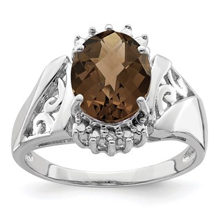 Sterling Silver Rhodium Checker-Cut Smoky Quartz & Oval Diam. Ring