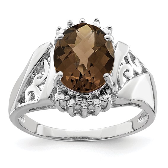 Sterling Silver Rhodium Checker-Cut Smoky Quartz & Oval Diam. Ring