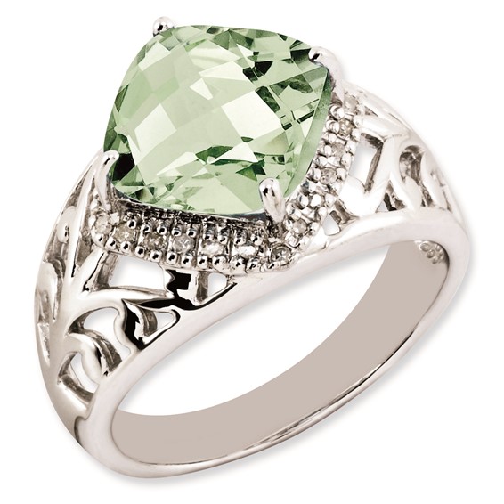 Sterling Silver Rhodium-plated Checker-Cut Green Quartz & Diamond Ring