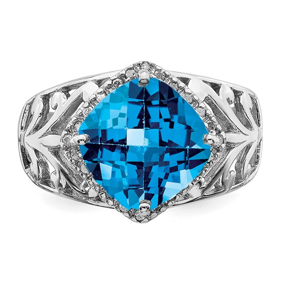 Sterling Silver Rhodium Checker-Cut Blue Topaz & Diam. Ring