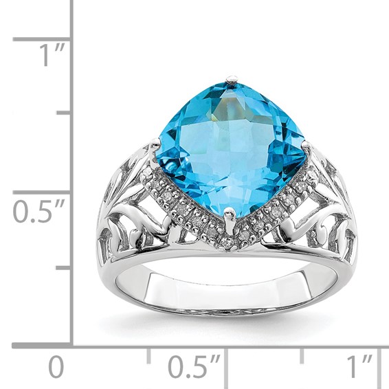 Sterling Silver Rhodium Checker-Cut Blue Topaz & Diam. Ring