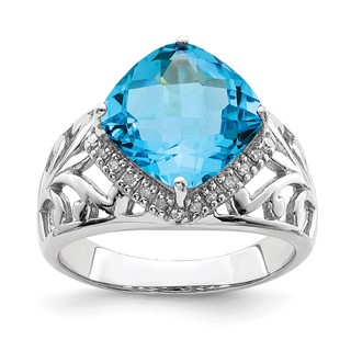 Sterling Silver Rhodium Checker-Cut Blue Topaz & Diam. Ring