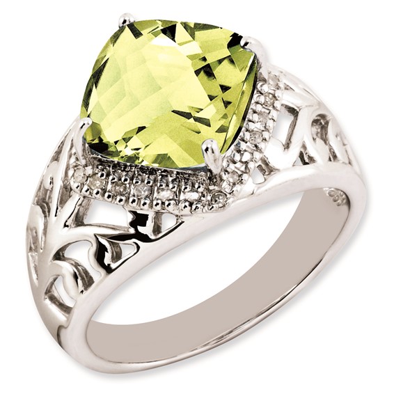 Sterling Silver Rhodium-plated Checker-Cut Lemon Quartz & Diamond Ring