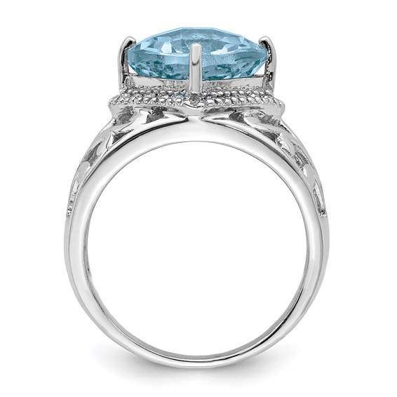 Sterling Silver Rhodium Checker-Cut Sky Blue Topaz & Diam. Ring