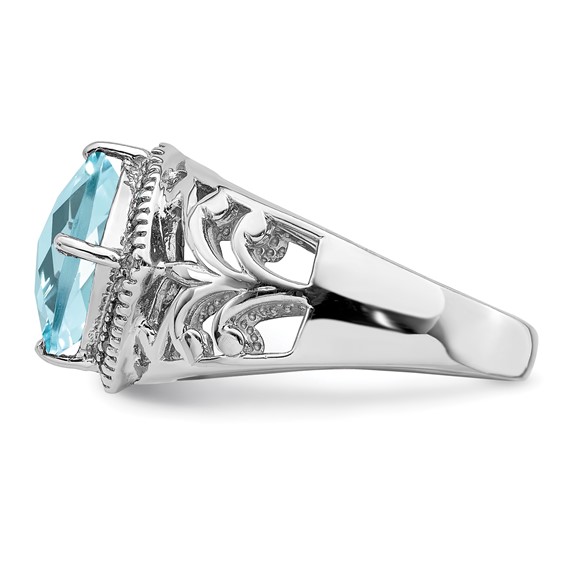Sterling Silver Rhodium Checker-Cut Sky Blue Topaz & Diam. Ring