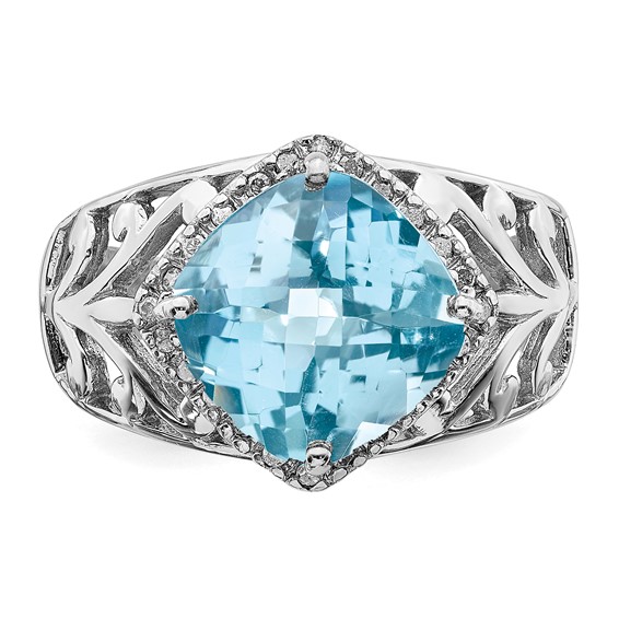 Sterling Silver Rhodium Checker-Cut Sky Blue Topaz & Diam. Ring