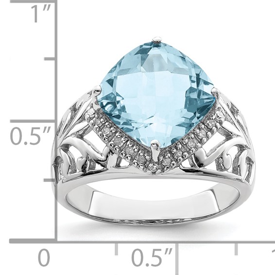 Sterling Silver Rhodium Checker-Cut Sky Blue Topaz & Diam. Ring