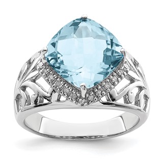 Sterling Silver Rhodium Checker-Cut Sky Blue Topaz & Diam. Ring
