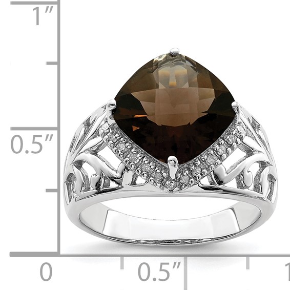 Sterling Silver Rhodium Checker-Cut Smoky Quartz & Diam. Ring