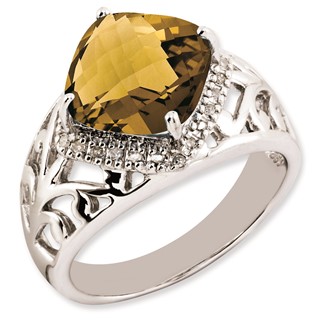Sterling Silver RH-plated Checker-Cut Whiskey Quartz & Diamond Ring