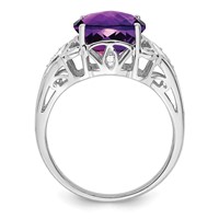 Sterling Silver Rhodium Oval Checker-Cut Amethyst & Diamond Ring view 2