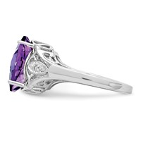 Sterling Silver Rhodium Oval Checker-Cut Amethyst & Diamond Ring view 4