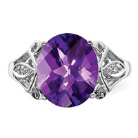 Sterling Silver Rhodium Oval Checker-Cut Amethyst & Diamond Ring view 5