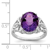 Sterling Silver Rhodium Oval Checker-Cut Amethyst & Diamond Ring view 3