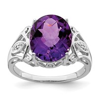 Sterling Silver Rhodium Oval Checker-Cut Amethyst & Diamond Ring view 1