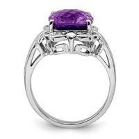 Sterling Silver Rhodium-plated Checker-Cut Amethyst & Diamond Ring view 2